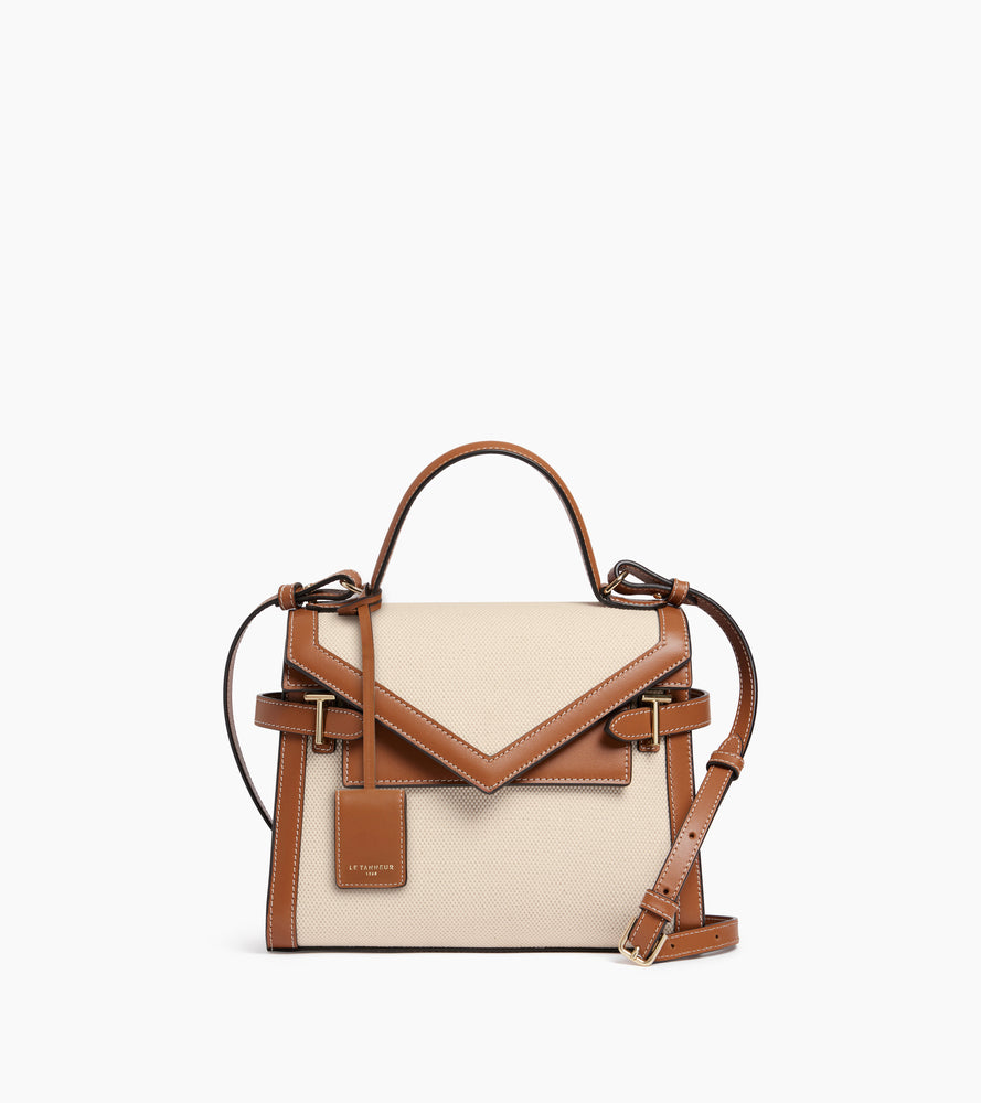 Bolso de mano mediano con doble solapa modelo Emilie en lona de algodón y cuero liso
