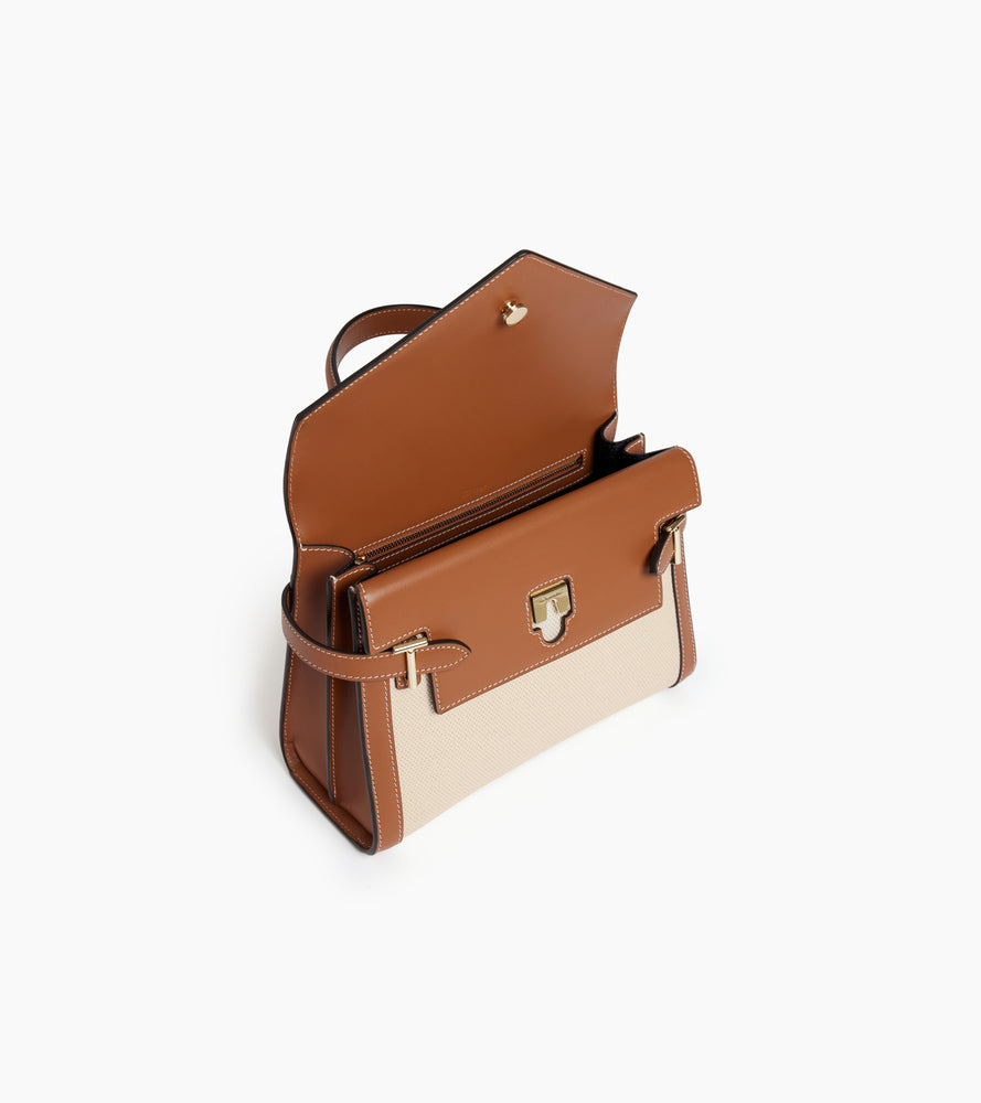 Bolso de mano mediano con doble solapa modelo Emilie en lona de algodón y cuero liso