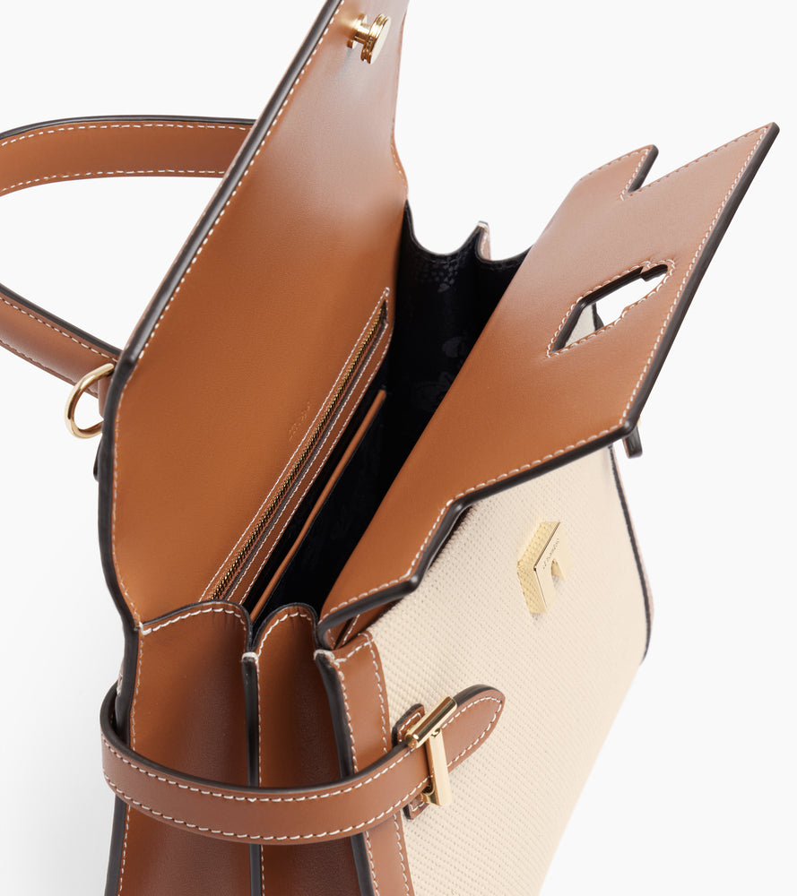 Bolso de mano mediano con doble solapa modelo Emilie en lona de algodón y cuero liso