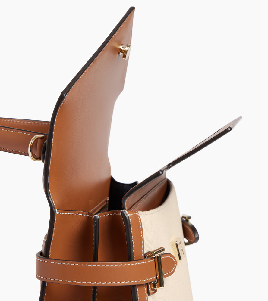 Bolso de mano mediano con doble solapa modelo Emilie en lona de algodón y cuero liso