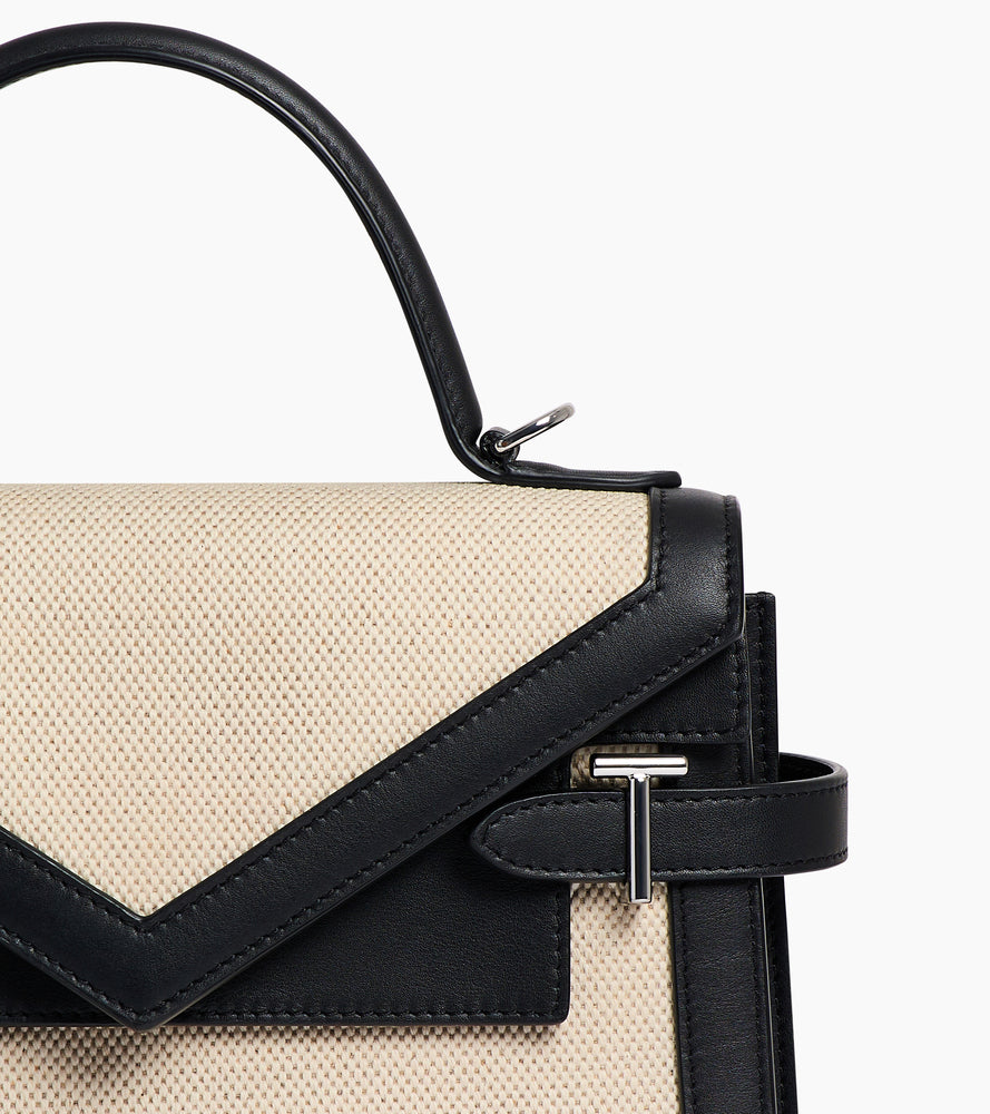 Bolso de mano mediano con doble solapa modelo Emilie en lona de algodón y cuero liso