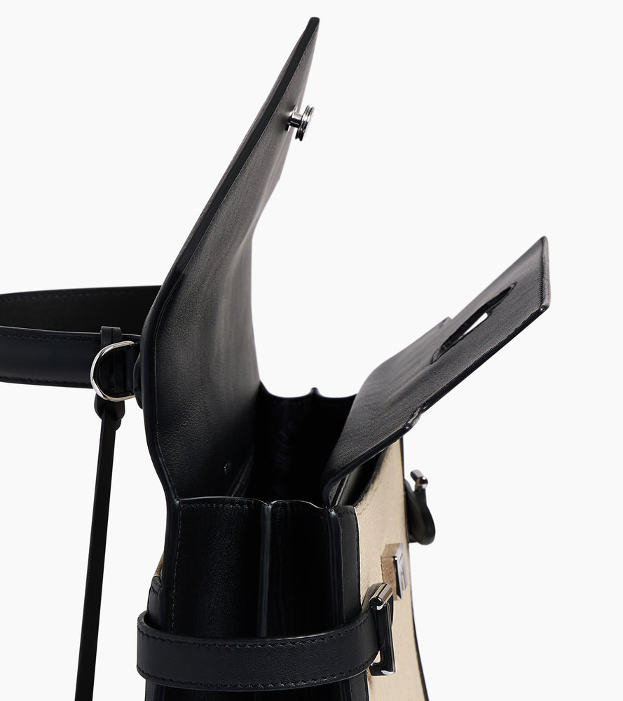 Bolso de mano mediano con doble solapa modelo Emilie en lona de algodón y cuero liso